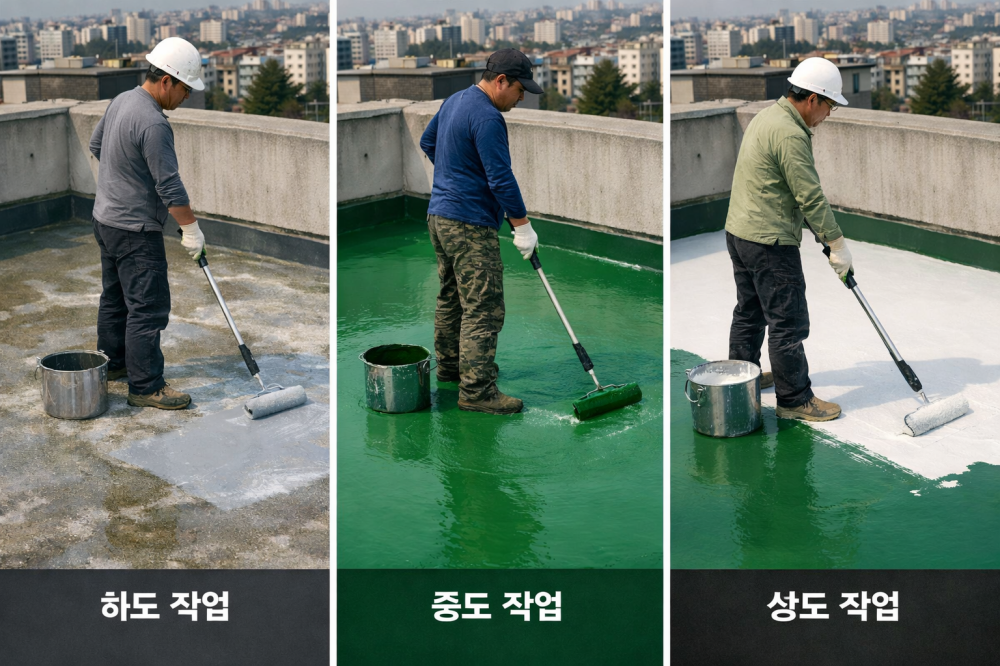 우레탄방수 시공 단면 및 재료 예시