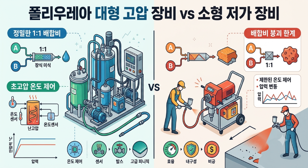 대형 고압 장비와 소형 저가 장비 성능 비교 이미지