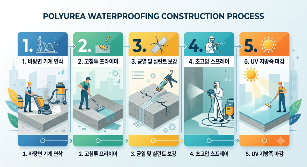 폴리우레아 전문 시공 5단계 프로세스 다이어그램 이미지